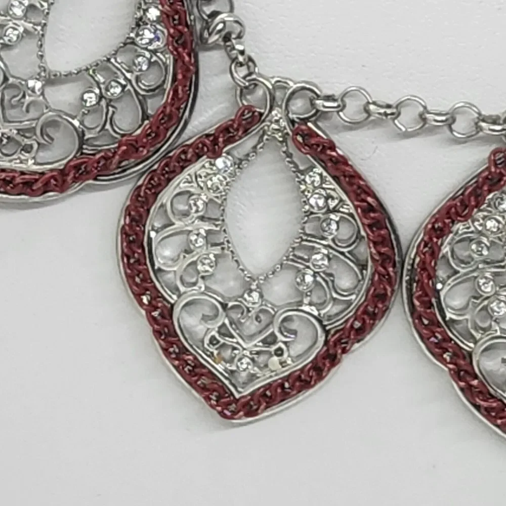 Silver Tone And Red Open Work Filigree Style‎ Necklace